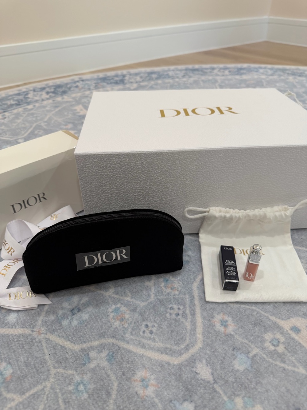 Dior Black Logo Cosmetic Pouch with Travel Size Blush Lip Gloss